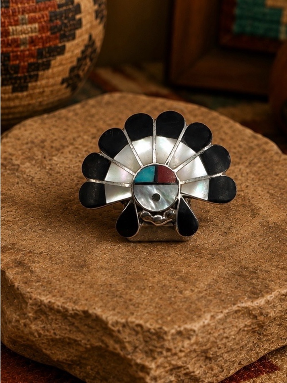 Zuni Native Sterling Silver Turquoise Multi Stone Inlay Sunface Bolo Tie Slide